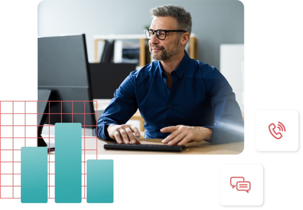 Freundlicher Mitarbeiter mit Symbolen und Diagramme