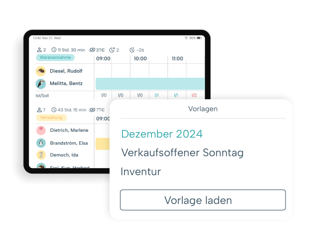 Software-Screenshot Zeitwirtschaft auf Tablet