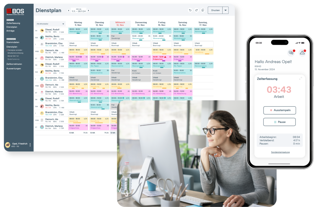 Frau vor Computer und Software-Screenshot des Dienstplans