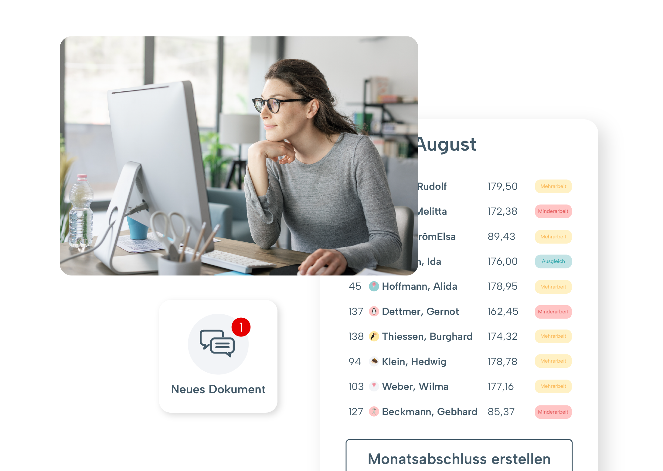 Frau vor Computer und Software-Screenshot der Mitarbeiterübersicht